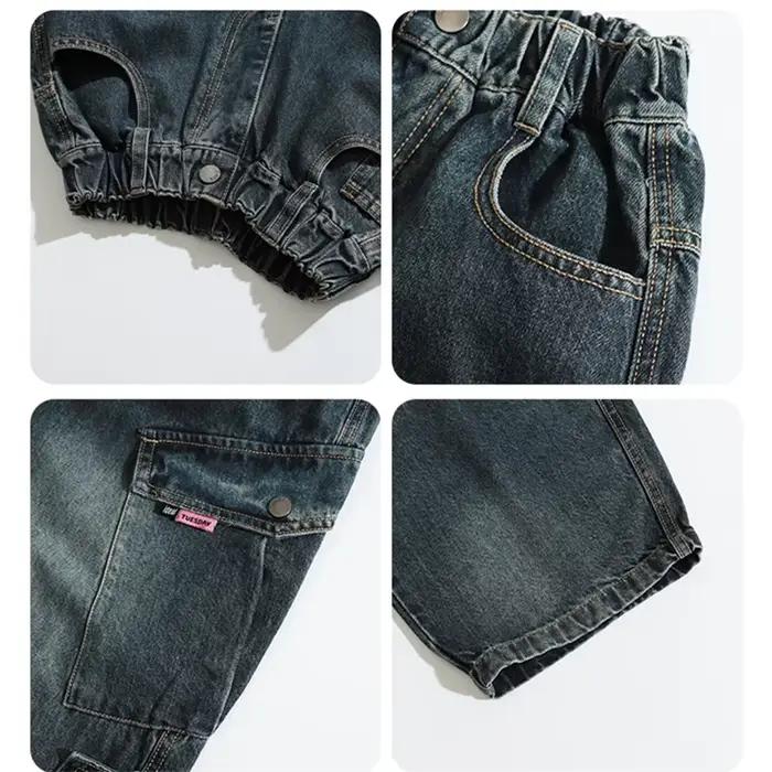 Jean Cargo incurvé avec poche pour enfants de 5 à 14 ans, nouvelle mode, Design de luxe, pour adolescents, Baggy décontracté, pantalon en Denim de charpentier