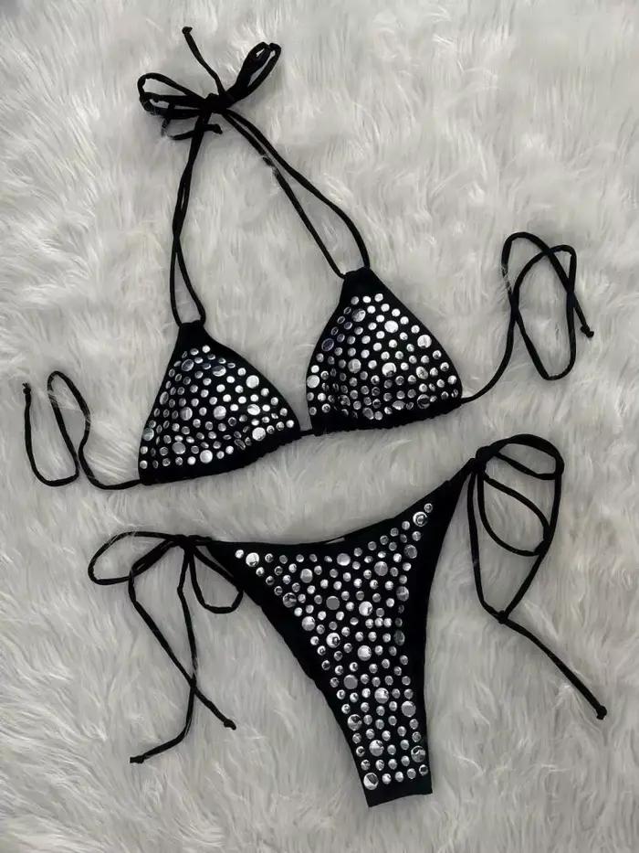 DEKA luxe noir diamant Bikini femmes Sexy strass Push Up Mini maillot de bain brésilien plage