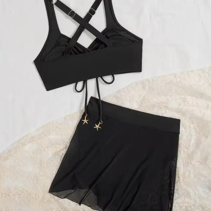 Ensemble bikini deux pièces froncé avec cordon de serrage et motif étoile de mer noire élégante pour femme