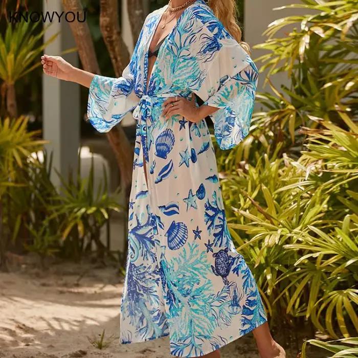 Beach Cover Ups Sexy imprimé léopard maillot de bain Cape femmes Long paréo auto ceinturé robes portefeuille vacances
