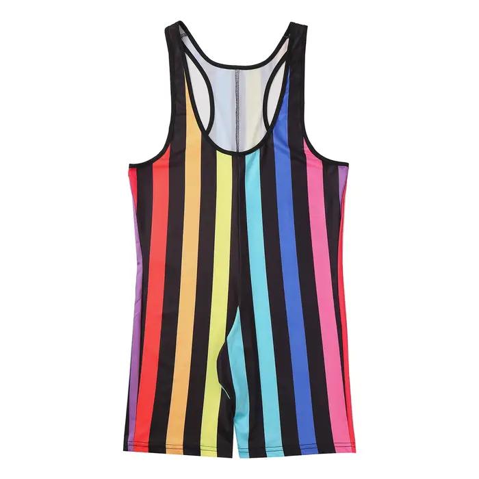 Maillot de bain une pièce pour homme, body rayé, justaucorps, combinaison de lutte, short de plage, combishort, vêtement de musculation