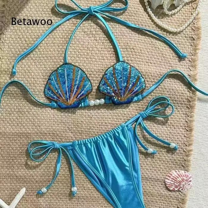 Ensemble de bikini halter brodé de coquillages pour femme Betawoo