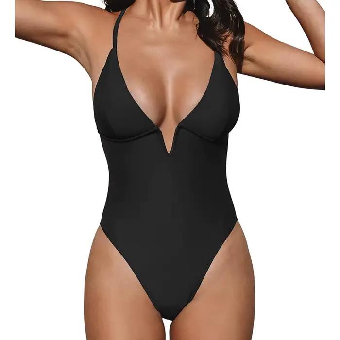 Sexy col en V profond maillot de bain femmes solide maigre jarretelle une pièce