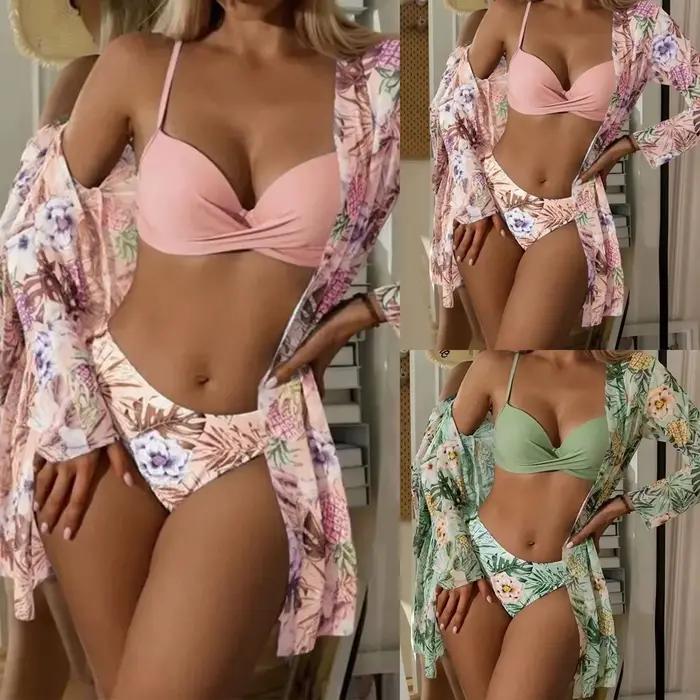 Maillot de bain 3 pièces à imprimé floral pour femmes, style jeune, taille basse, coton-polyester, idéal pour la plage, piscine et yoga