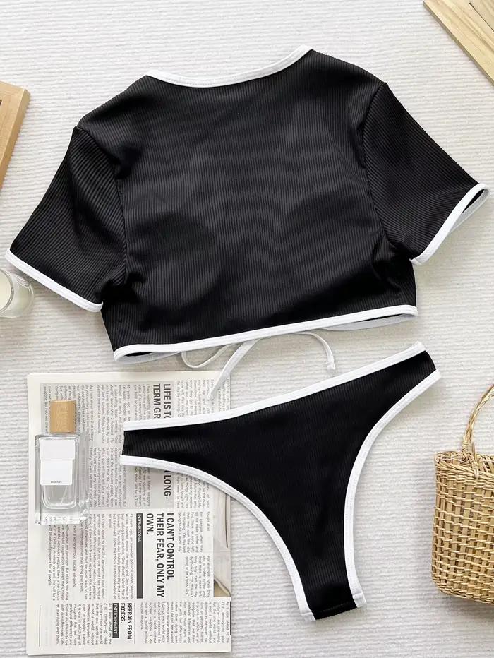 Femmes deux pièces maillot de bain Sexy Bikini à manches courtes maillots de bain féminin Bikinis ensemble femme maillot de bain Trikini livraison directe