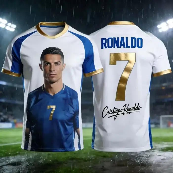 Maillot de football Portugal Ronaldo n°7 noir et or, manches raglan, signature, impression 3D intégrale, respirant, streetwear, t-shirt de sport unisexe