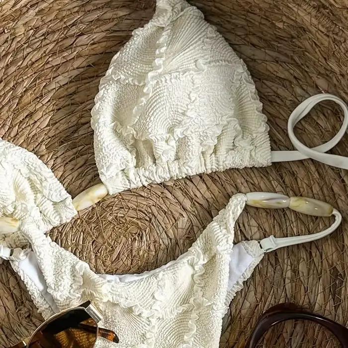 Micro bikini string sexy 2026 pour femme, blanc, en dentelle ajourée, avec soutien-gorge push-up, maillot de bain tendance pour l'été et les vacances