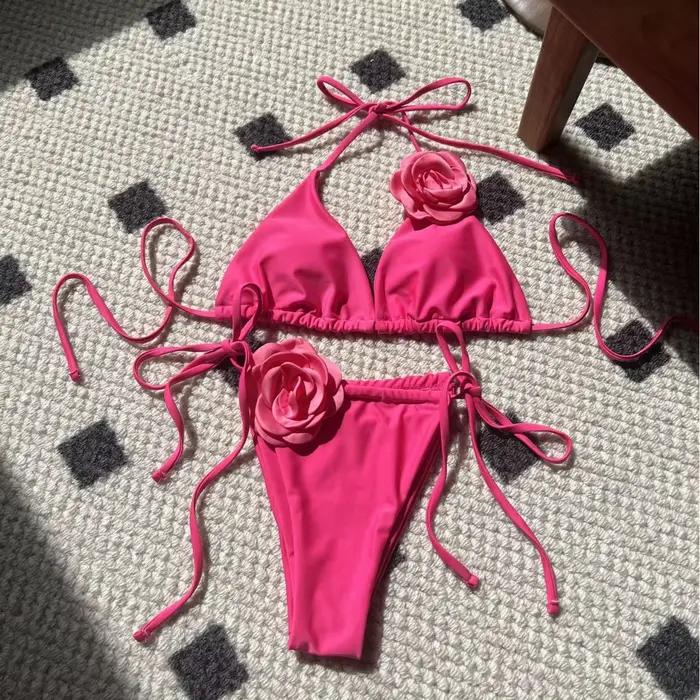Bikini Solide Rose Imprimé Cordon de Serrage à Nouer Deux Pièces Pour Femmes Mode Plage Vacances Fêtes Piscine Spas Sources Chaudes Sports Nautiques Quotidien Croisière