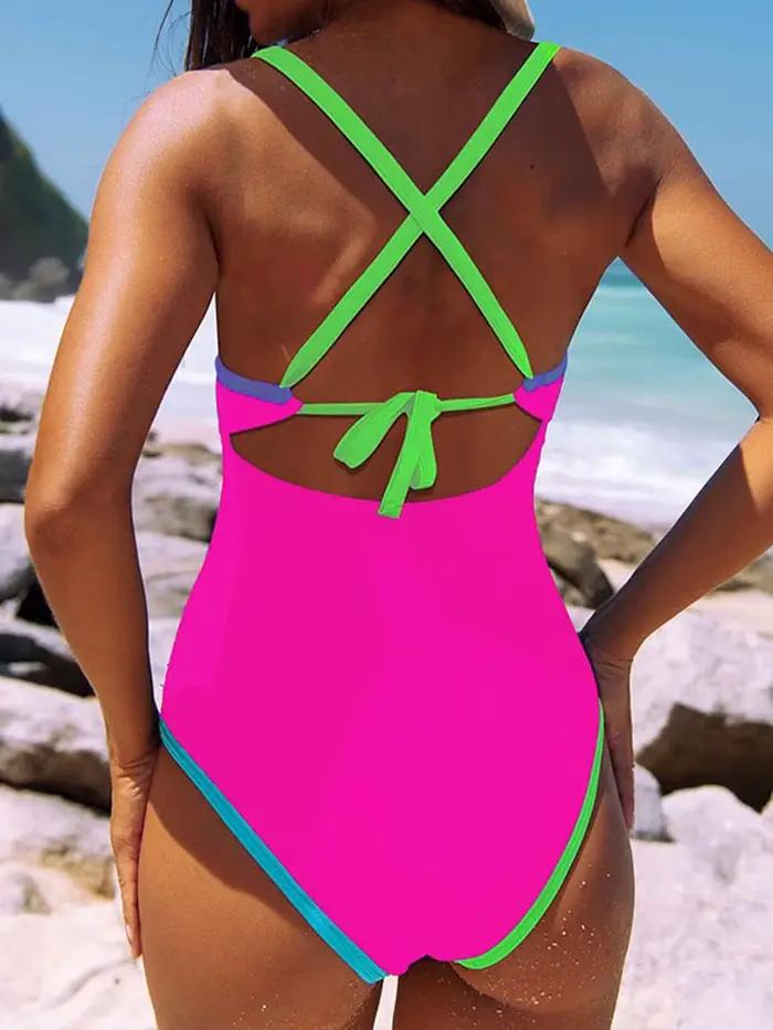 Maillot de bain une pièce uni à bretelles et dos nu croisé pour femme 2026