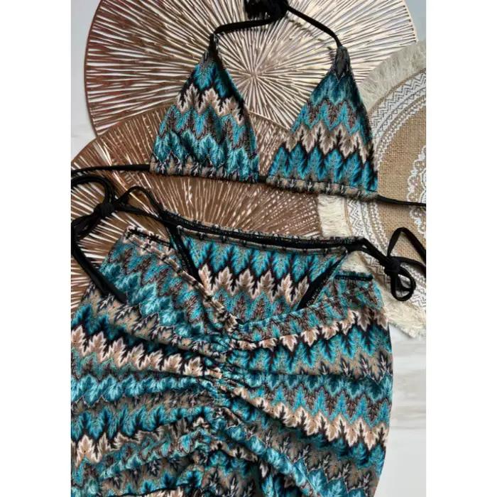 Maillot de bain 3 pièces tricoté pour femmes, ensemble Bikini avec couverture portefeuille, col licou, pour les vacances à la plage, nouvelle collection été