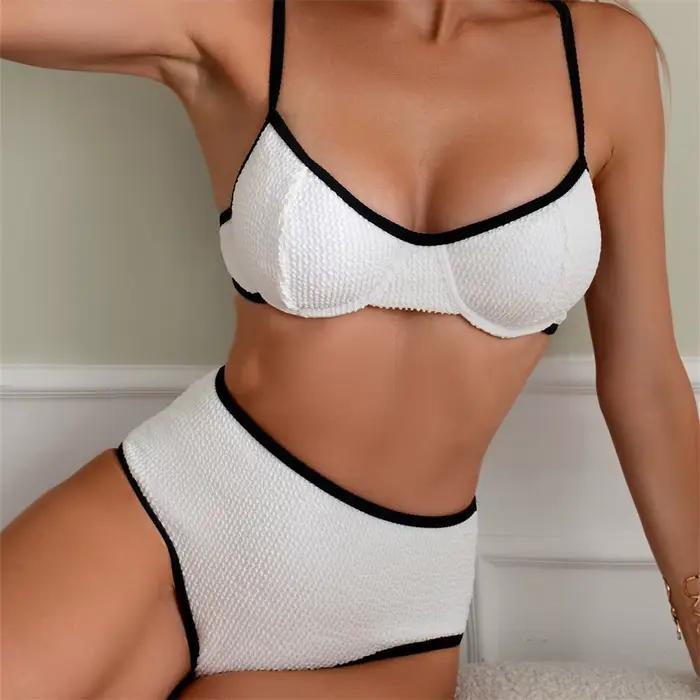Sexy taille haute Bikini blanc maillot de bain bordure noire plage Bikinis Push Up femmes dos nu côtelé vacances