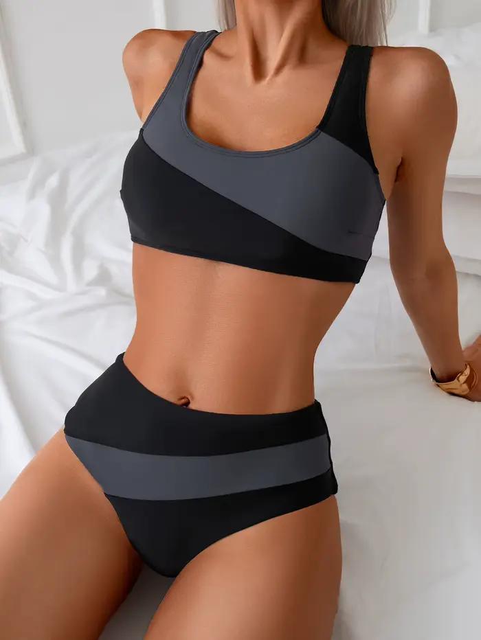 Bikini Sportif Deux Pièces Femme Blocs de Couleurs Taille Haute Plage Vacances Activités Nautiques