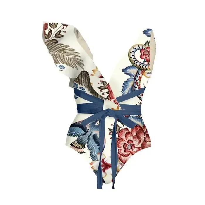 Bikini femme imprimé à volants maillot de bain une épaule Slash boutonnage