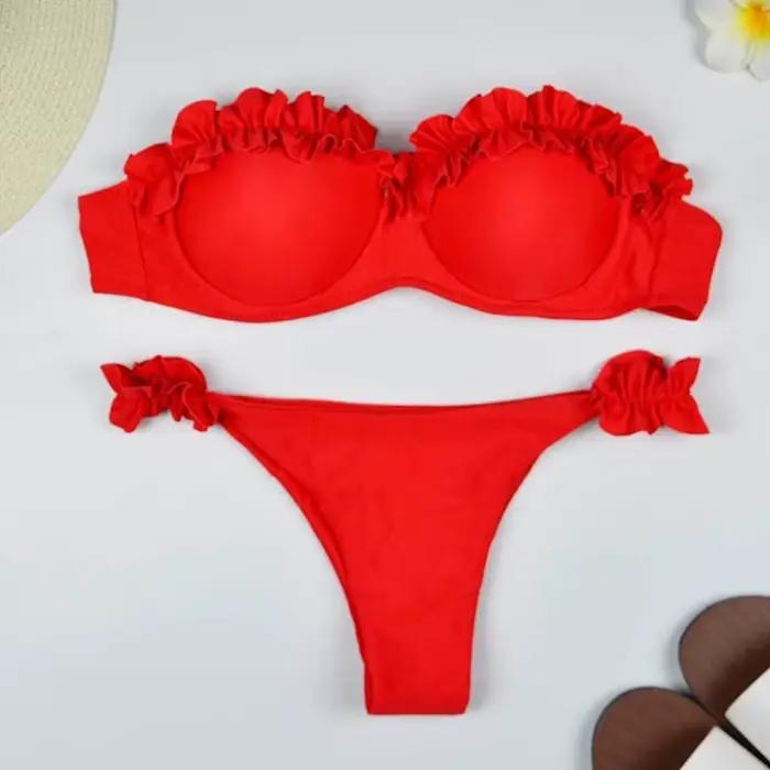 Solide Bikini ensemble femmes maillot de bain Chic volants Micro Bikini fendu maillot de bain été 2025 nouvelle plage épice fille 2 pièces maillots de bain