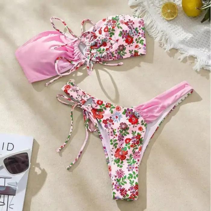 Maillot de bain deux pièces imprimé floral pour femmes