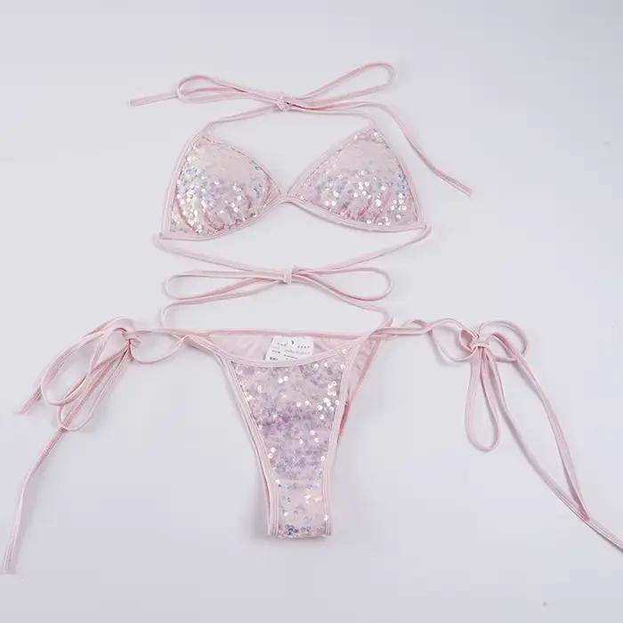 Ensemble de bikini sexy en dentelle rose à lacets pour les vacances à la plage