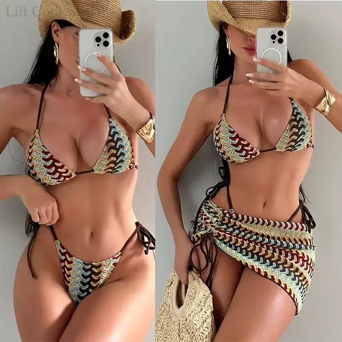 2026 Ensemble de bikini bohème sexy pour femme, maillot de bain imprimé trois pièces avec paréo et taille haute