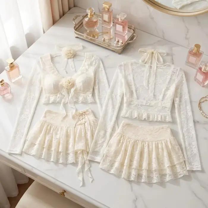 Maillot de bain à manches longues en dentelle à volants