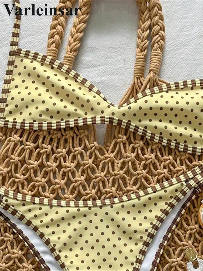 Maillot de bain deux pièces à pois pour femme, style de plage, polyester et élasthanne, ajustement parfait, col triangulaire, pour vacances, fêtes à la piscine, sports nautiques, occasions spéciales