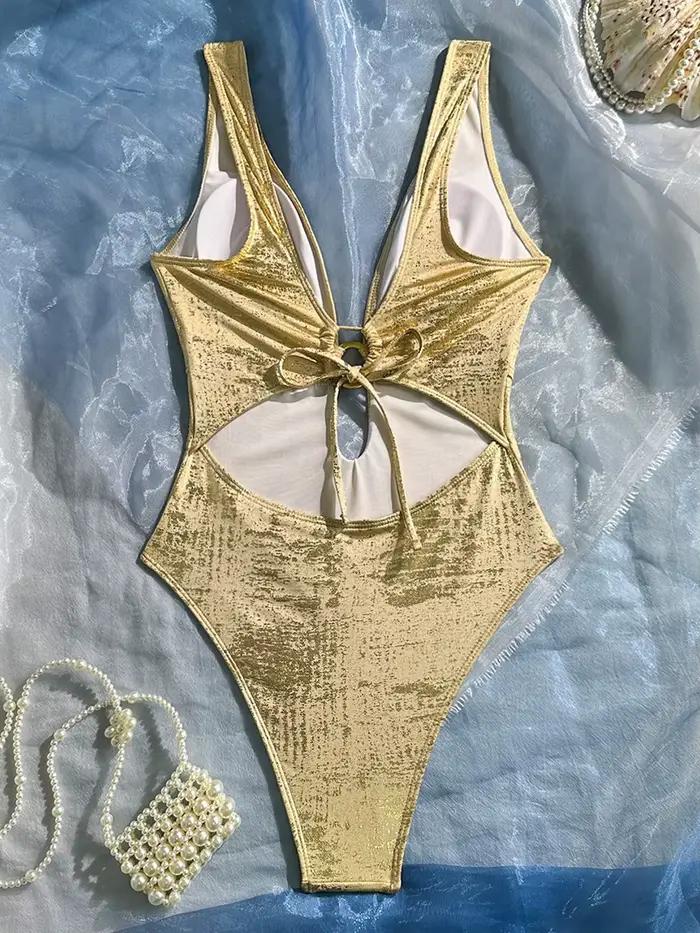 Maillot de bain une pièce doré scintillant à col en V profond pour femme