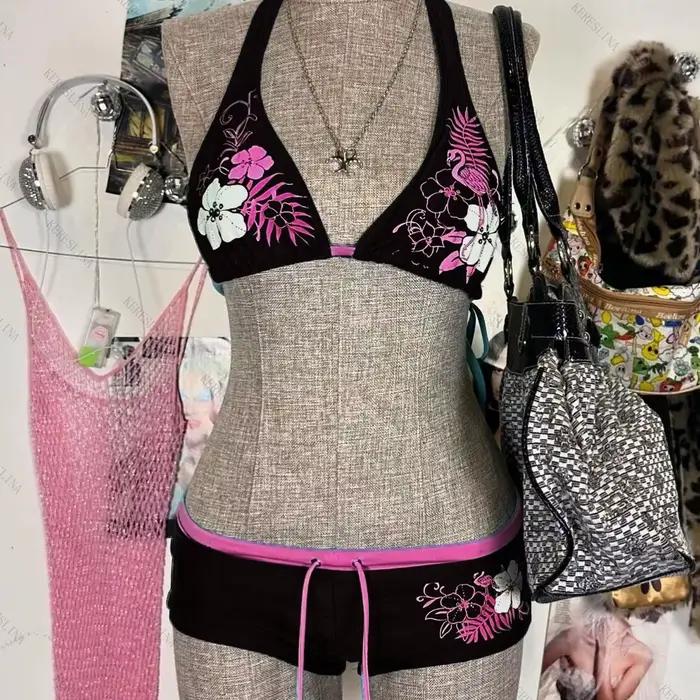Sexy Hottie imprimé lacé dos nu Bikini 2 pièces ensemble femmes maillot de bain fendu plage