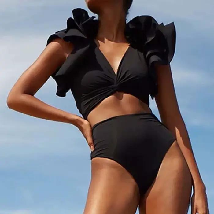 Maillot de bain noir à col en V 2026, maillot de bain à volants pour femme, maillot de bain taille haute imprimé, tenue de plage