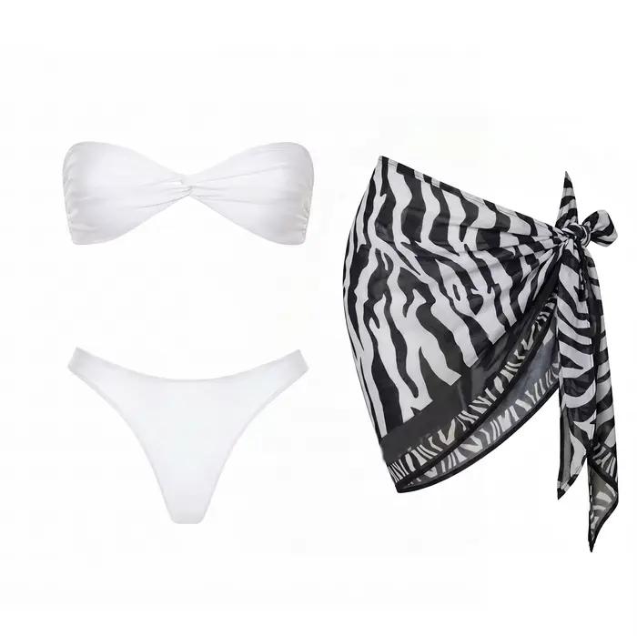Ensemble bikini 3 pièces bandeau 2026 – Nouveau maillot de bain sexy pour femme avec paréo imprimé – Tenue de plage féminine
