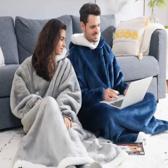 180cm Super longue flanelle couverture pyjamas avec manches hiver sweat à capuche femmes hommes pull polaire géant surdimensionné extérieur