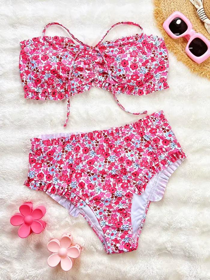 Imprimé fleuri Bandeau deux pièces Bikini ensemble épaules nues femme maillot de bain taille haute plissé pansement