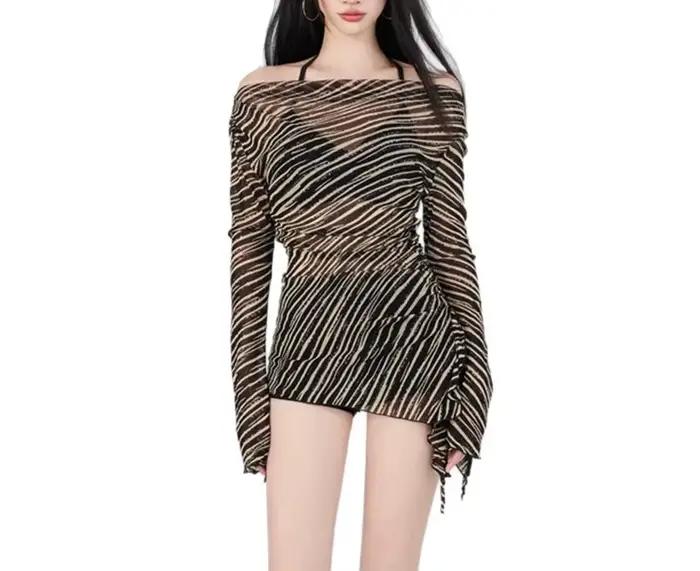 Maillot de bain femme trois pièces sexy rétro rayé avec cache-maillot à manches longues pour spa printemps été polyester ajustement lâche style basique