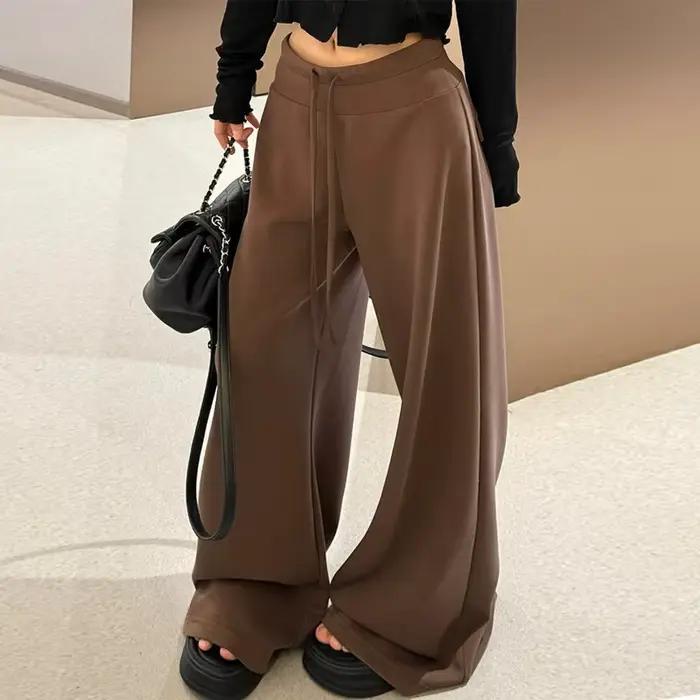 Pantalon de sport marron taille basse pour femme, taille haute, coupe cintrée, drapé décontracté, jambes larges