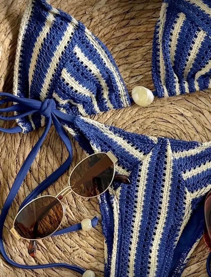 Ensembles de bikinis sexy en tricot à rayures et perles