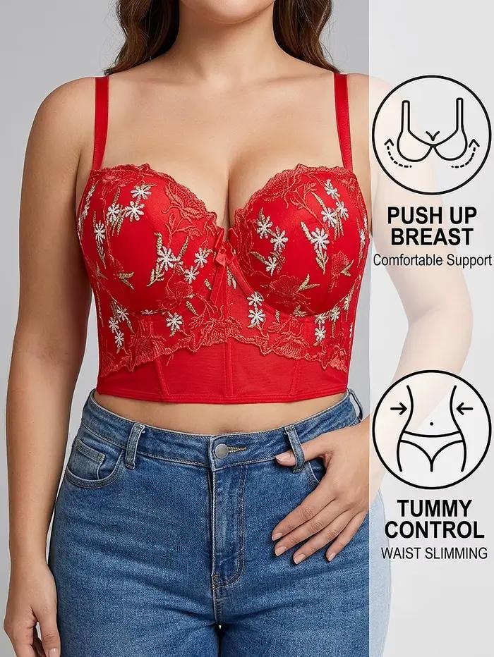 Soutien-gorge bustier en dentelle brodée florale grande taille – Push-up, effet ventre plat et corset antidérapant