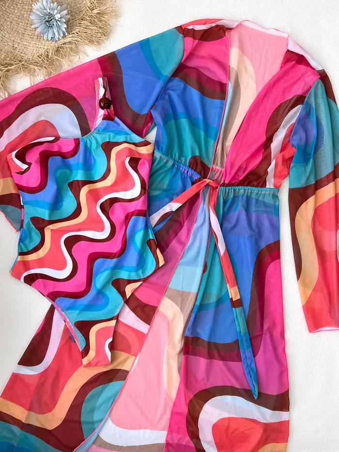 Maillot de bain une pièce sexy et coloré pour femme avec paréo de plage