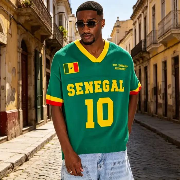 Nouveau T-shirt décontracté à manches courtes unisexe, thème Sénégal 2026, vert classique avec col jaune, coupe ample
