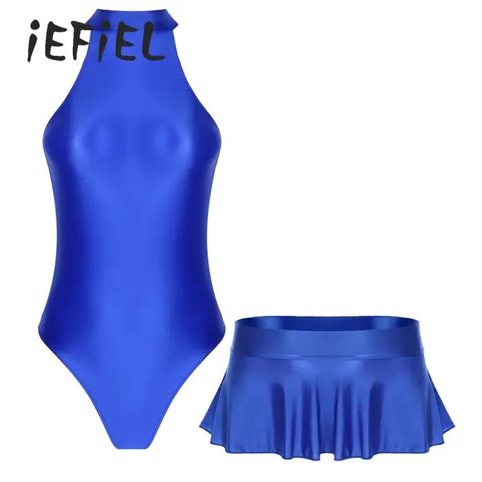 Maillot de bain brillant iEFiEL pour femmes avec jupe à volants et justaucorps sans manches pour nager, plage et piscine, disponible en plusieurs couleurs