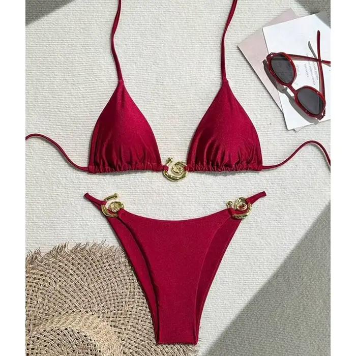 Métal Micro Bikini maillots de bain femmes Sexy à lacets Triangle licou coupe haute string