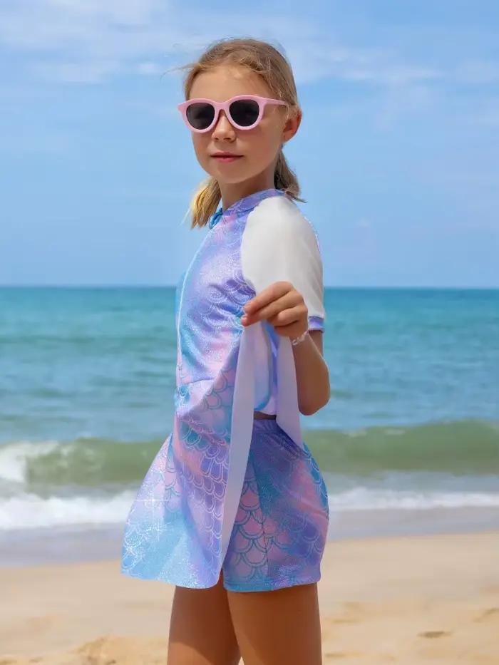 Maillot de bain deux pièces femme 2026 Nouveau imprimé sirène Robe à manches courtes