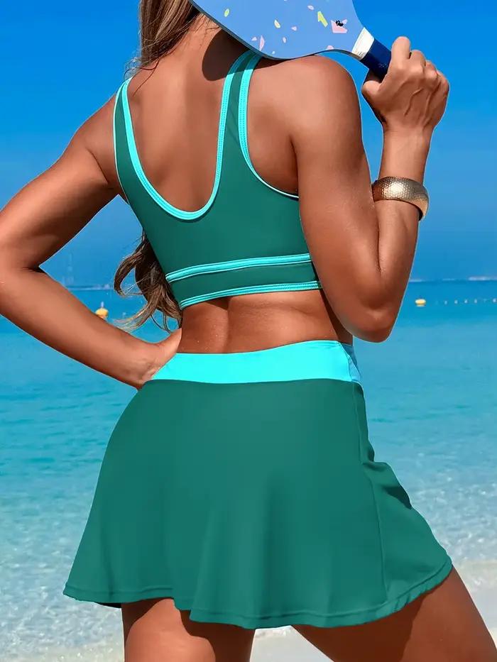 Maillot de bain sportif deux pièces taille haute pour femme 2026 – Robe de plage unie pour baigneuses – Tenue de