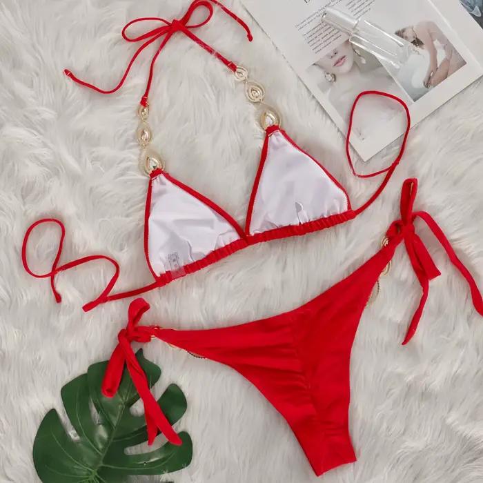 DEKA Ensemble de bikini sexy à chaînes métalliques et diamants, maillot de bain brillant en strass pour femme