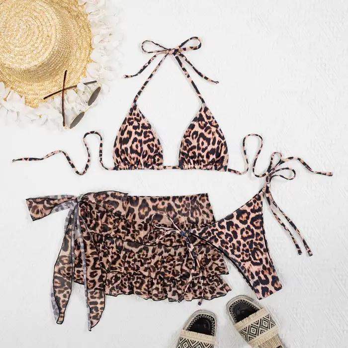 Nouvel ensemble bikini léopard 3 pièces sexy pour femmes plage vacances fête piscine