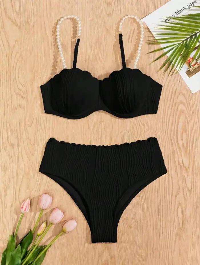 Sexy blanc noir Bikini ensemble 2025 femmes perles sangle volants Push Up taille haute maillot de bain plage