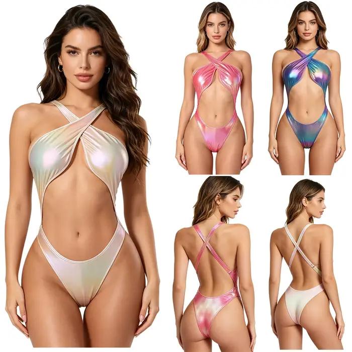 Maillot de bain une pièce métallisé irisé pour femme avec coussinets de poitrine