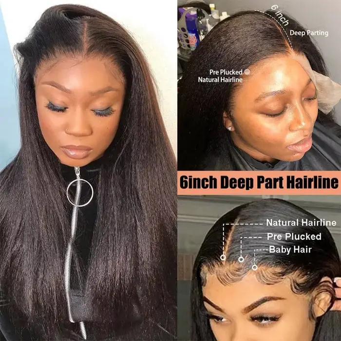 Perruques Lace Front Yaki Lisses Kinky 13x6 HD pour Femmes, Densité 200%, Noir Naturel, Perruques Synthétiques Lace Front Yaki pour Femmes