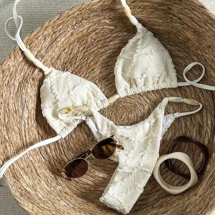 Micro bikini string sexy 2026 pour femme, blanc, en dentelle ajourée, avec soutien-gorge push-up, maillot de bain tendance pour l'été et les vacances
