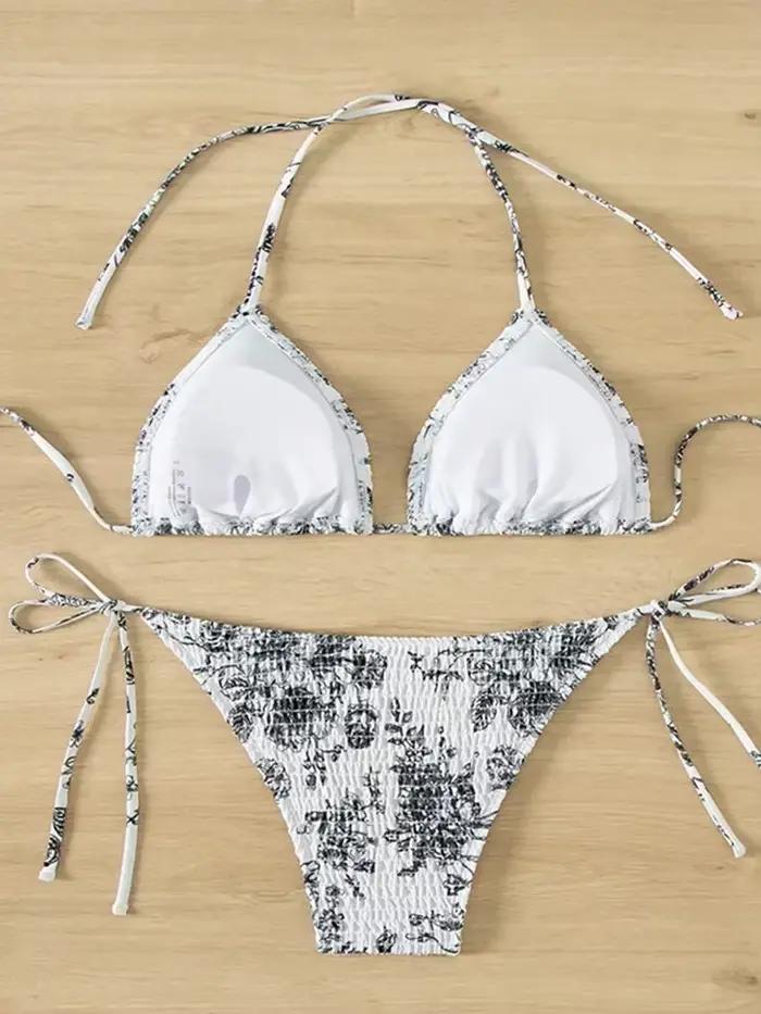 Sexy Floral Bikini 2 pièces ensemble femmes mode à lacets maillot de bain fendu dos nu plage Bikinis 2025 nouveau