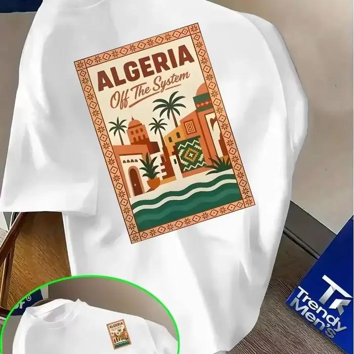 T-shirt pour homme à motif algérien rose - Texte audacieux « Algérie » et design paysage urbain désertique, T-shirt léger d'été