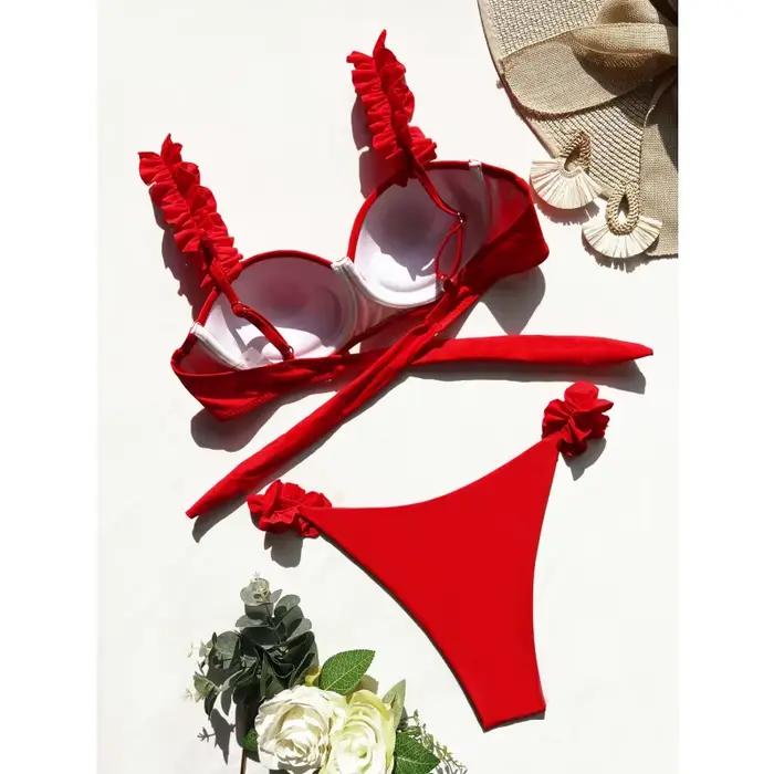 Push Up Bikini ensemble femmes maillots de bain Sexy froncé jarretelle maillot