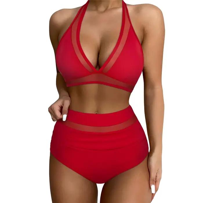 Push Up Bikini rouge licou maillot de bain femmes taille haute maillots
