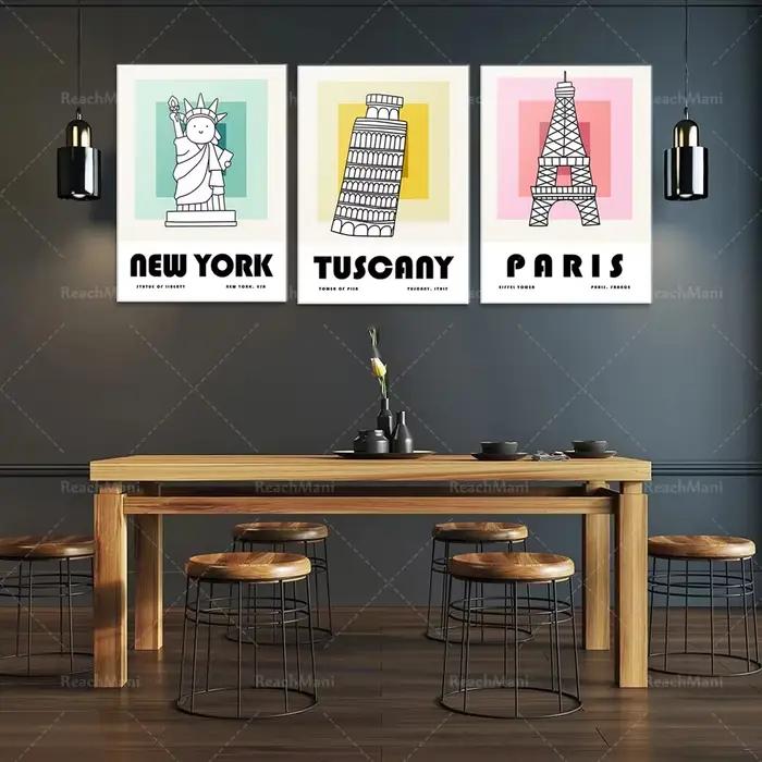 Ensemble de 3 Pièces d'Art Mural Imprimable de Voyage, Interrupteur Bloc de Couleur, Affiche d'Art Moderne, New York, Toscane
